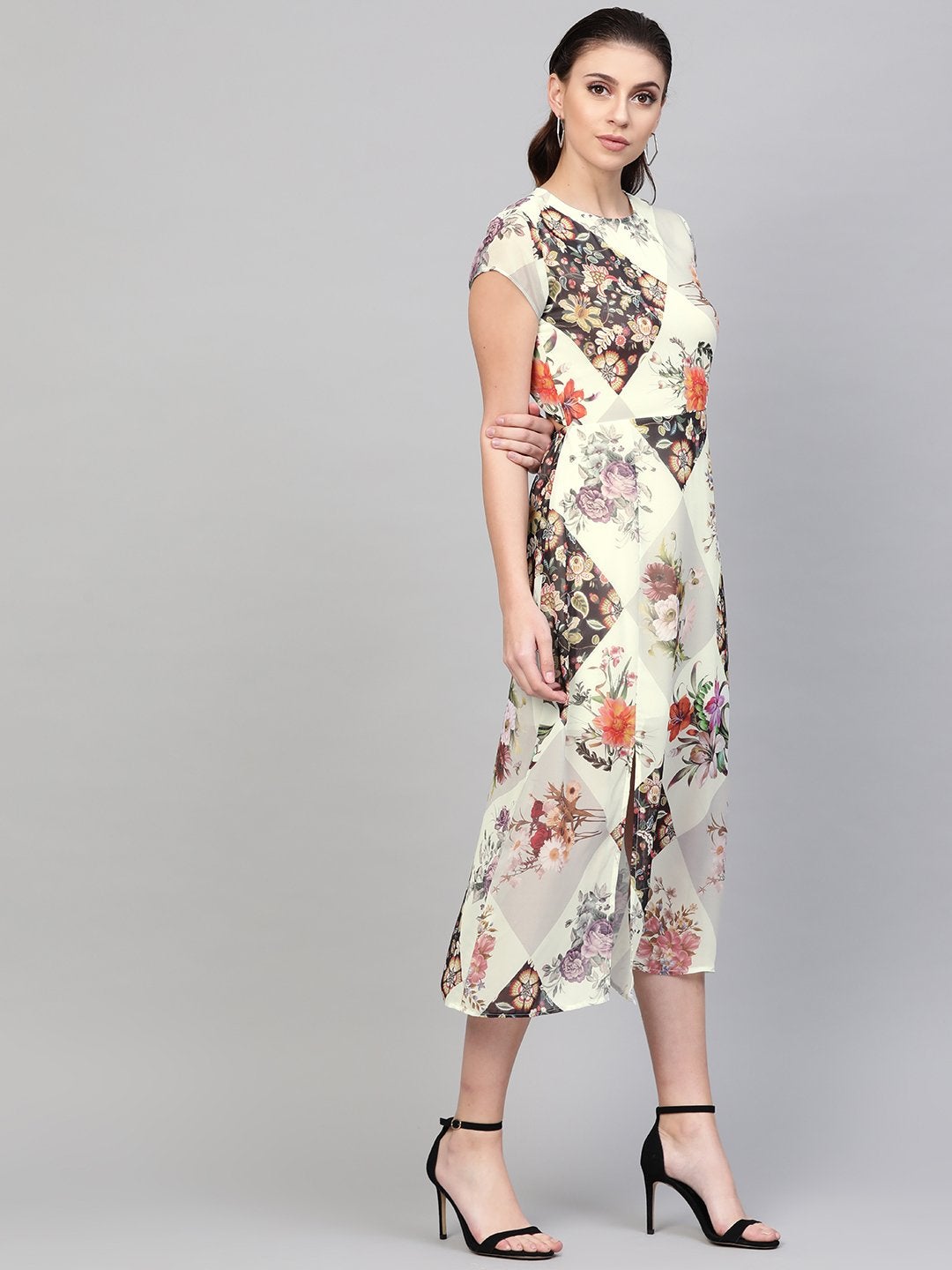 Women's Cream And Black Floral Back Cut Out Dress - SASSAFRAS