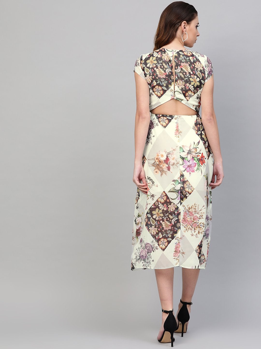 Women's Cream And Black Floral Back Cut Out Dress - SASSAFRAS