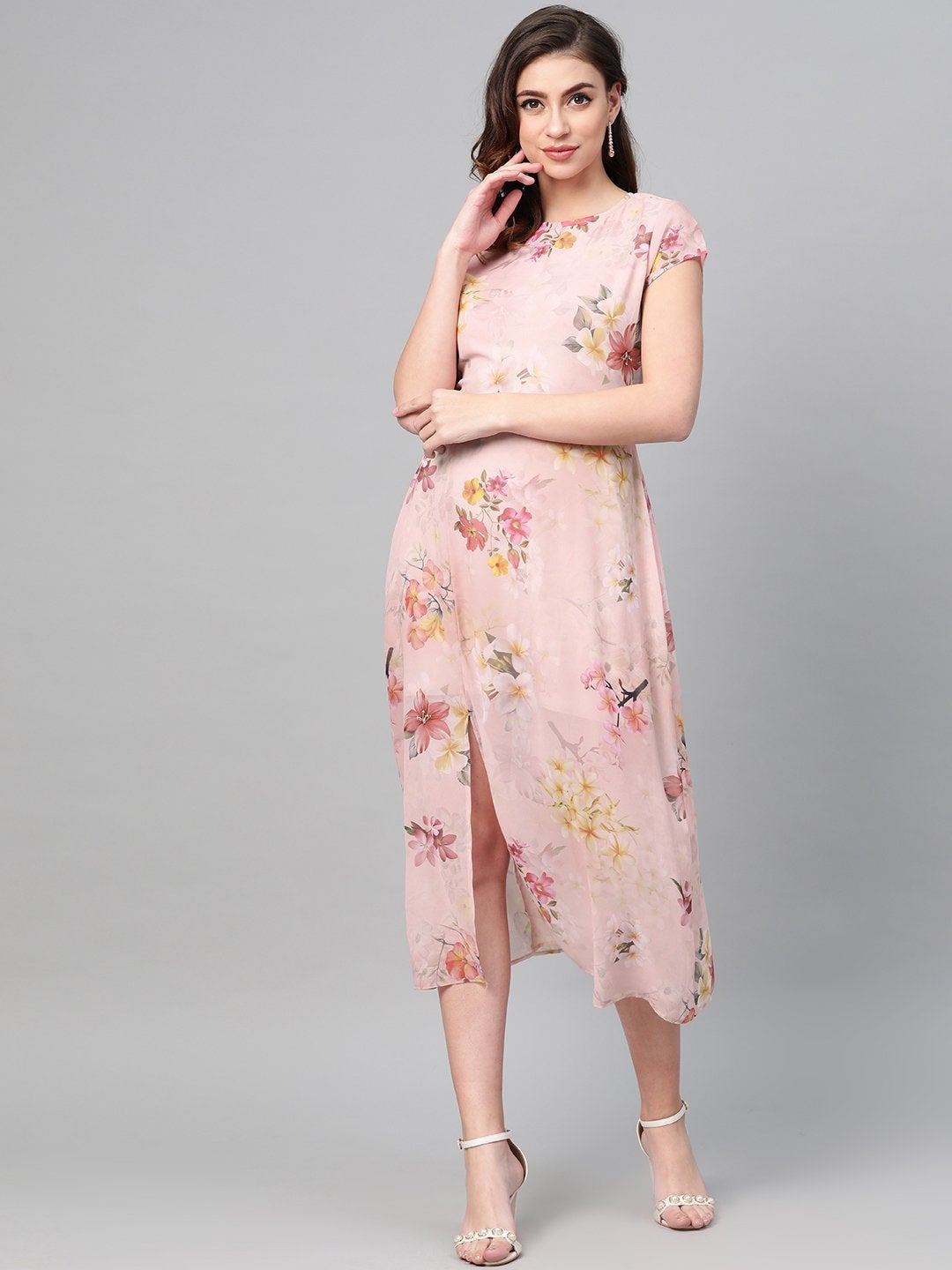 Women's Peach Floral Back Cut Out Dress - SASSAFRAS
