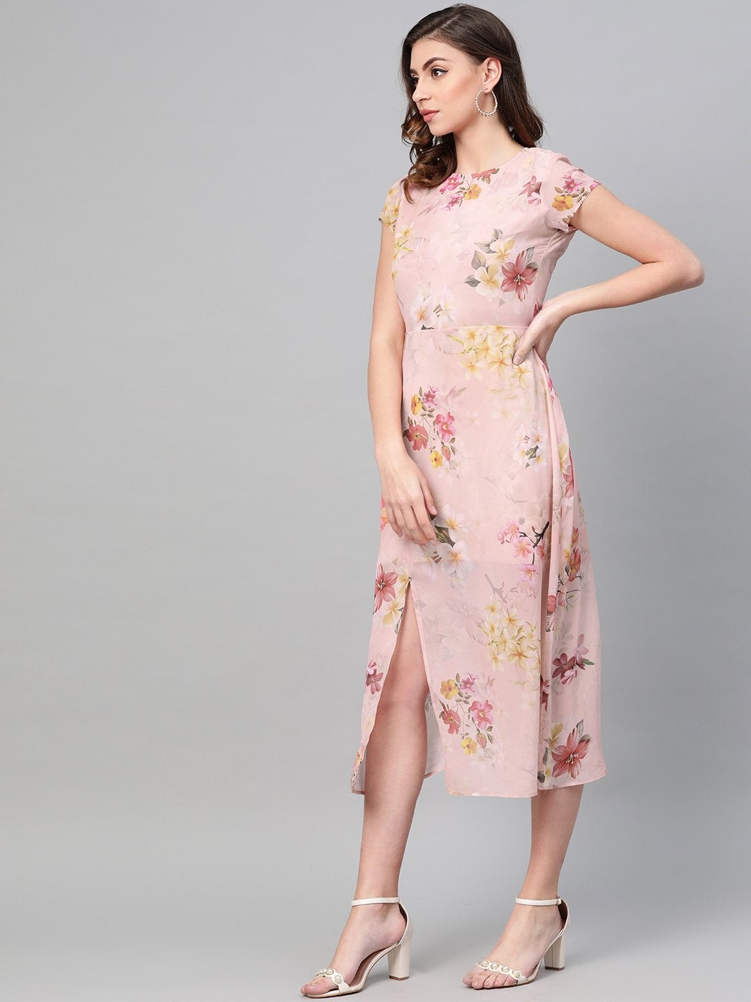 Women's Peach Floral Back Cut Out Dress - SASSAFRAS