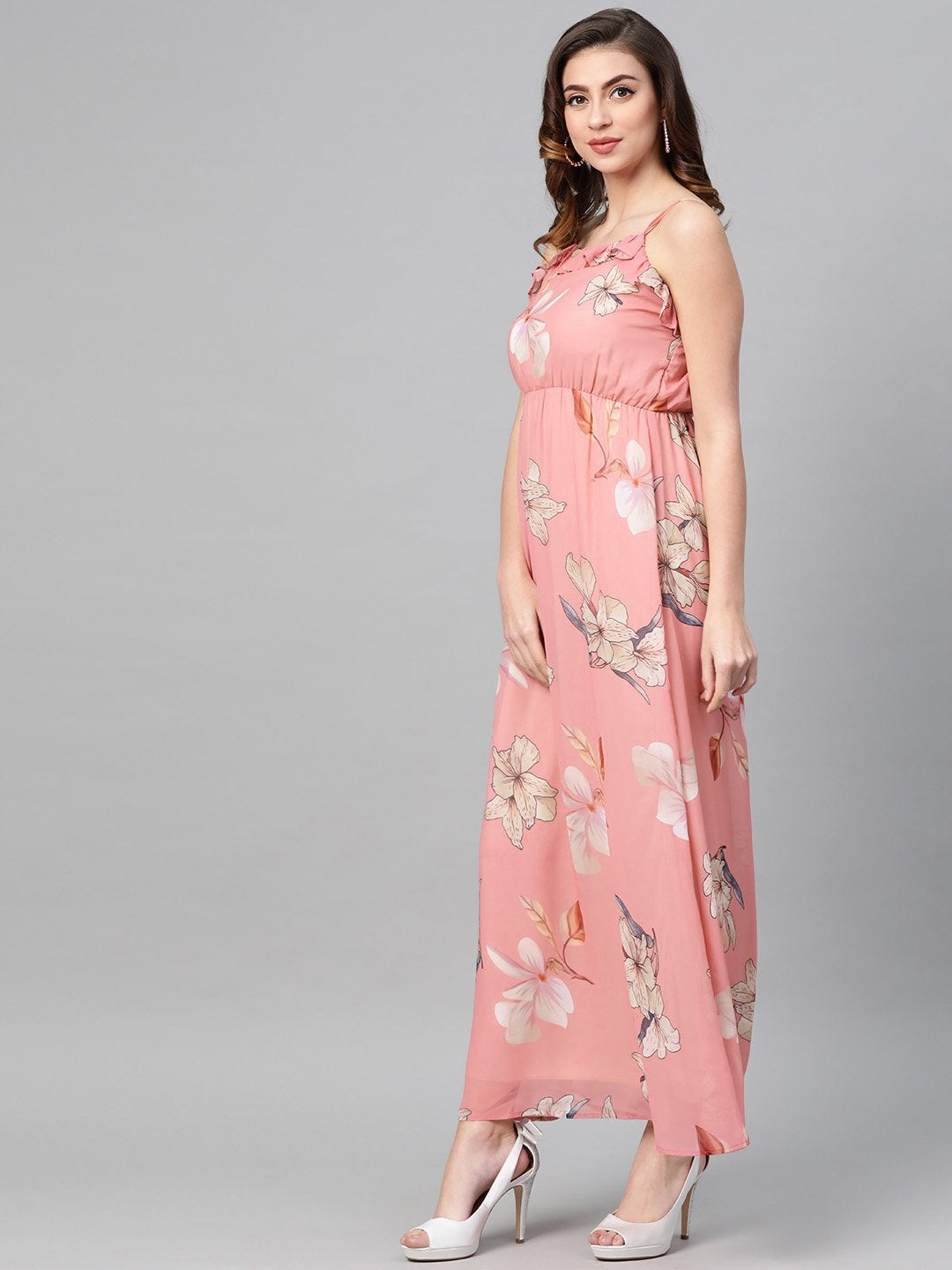 Women's Rose Pink Floral Strappy Maxi Dress - SASSAFRAS