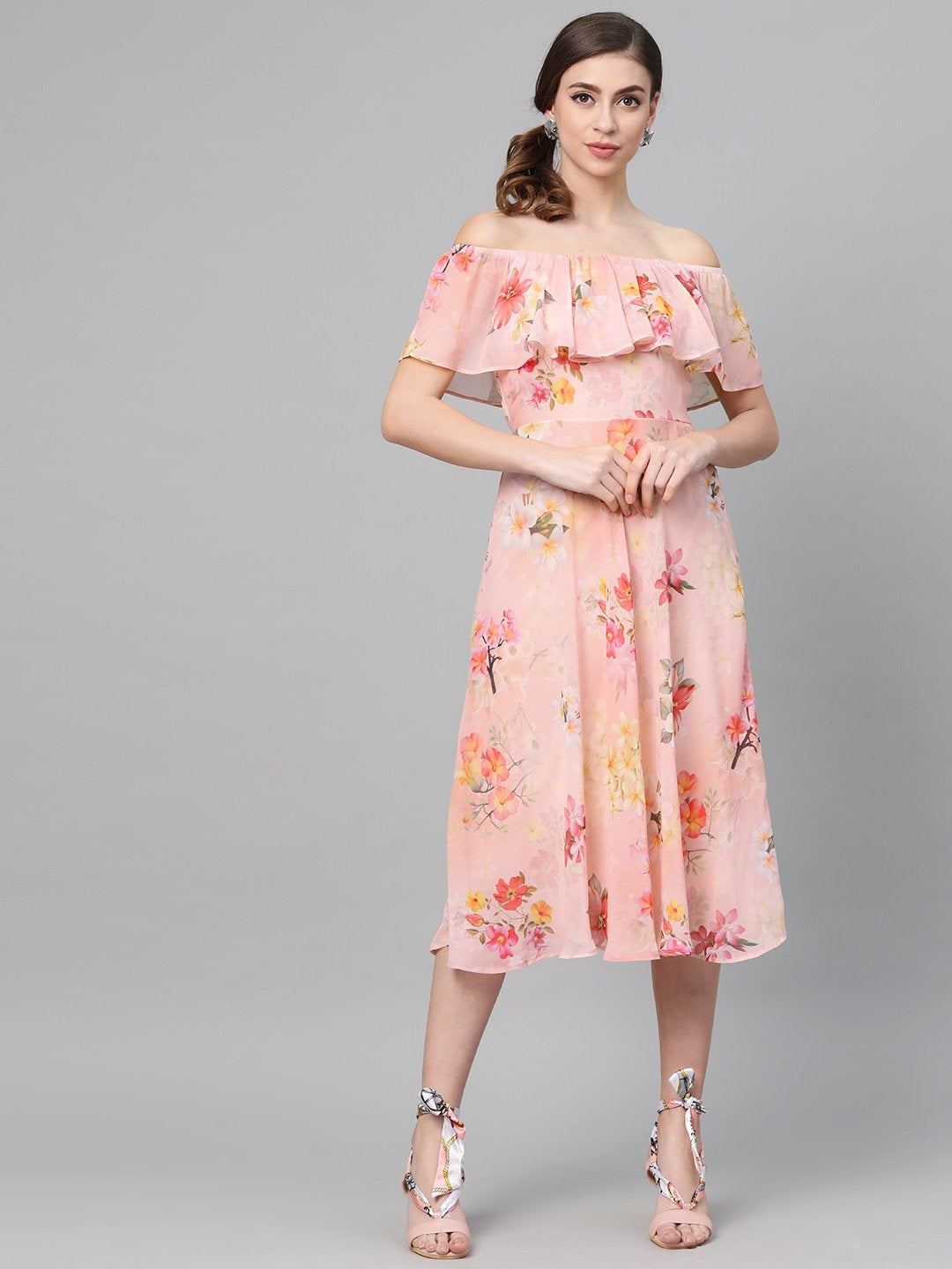 Women's Peach Floral Off Shoulder Midi Dress - SASSAFRAS