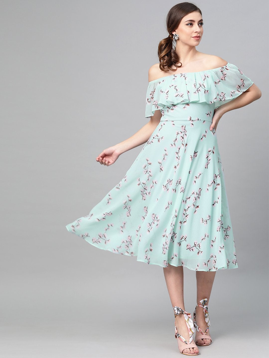 Women's Sea Green Floral Off Shoulder Midi Dress - SASSAFRAS