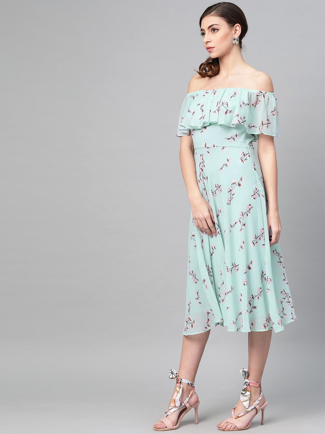 Women's Sea Green Floral Off Shoulder Midi Dress - SASSAFRAS