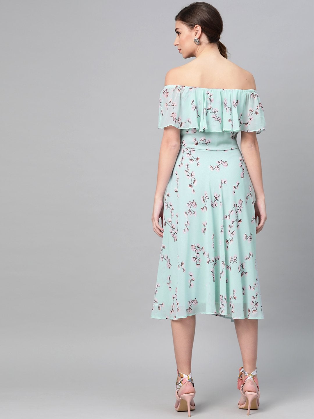 Women's Sea Green Floral Off Shoulder Midi Dress - SASSAFRAS