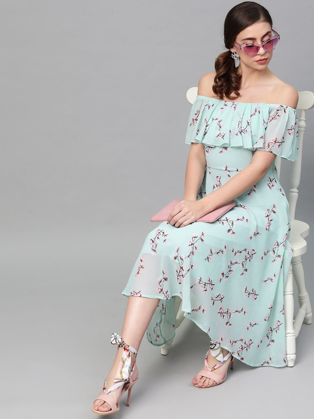 Women's Sea Green Floral Off Shoulder Midi Dress - SASSAFRAS