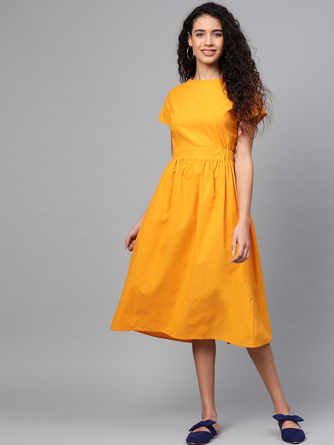 Women's Mustard Back Placket Gathered Dress - SASSAFRAS