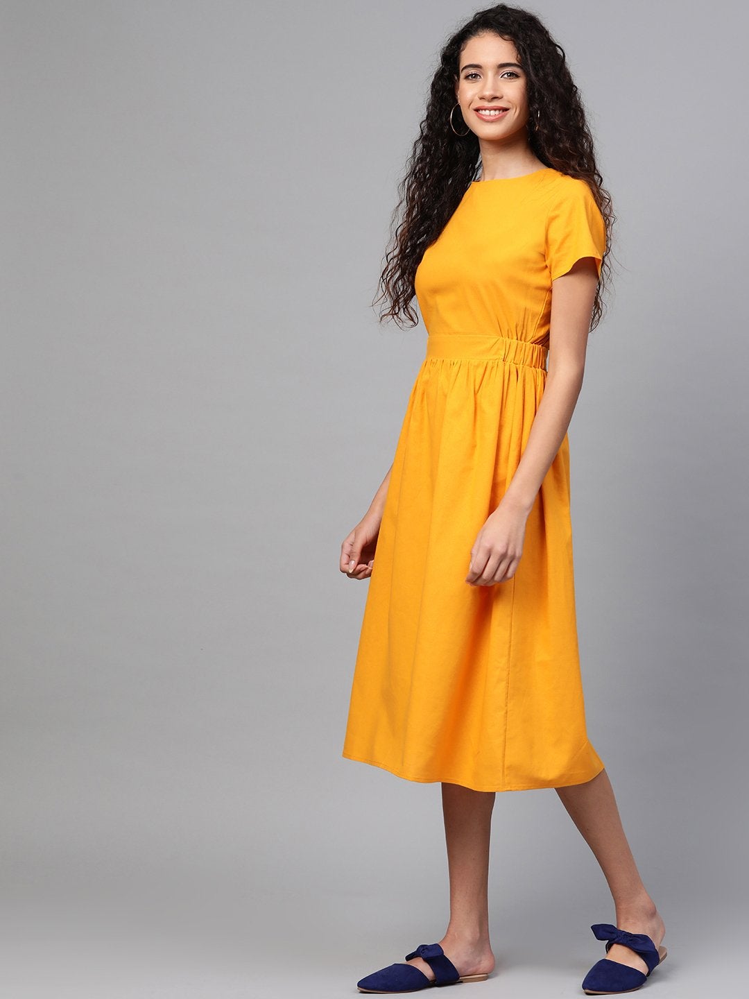 Women's Mustard Back Placket Gathered Dress - SASSAFRAS