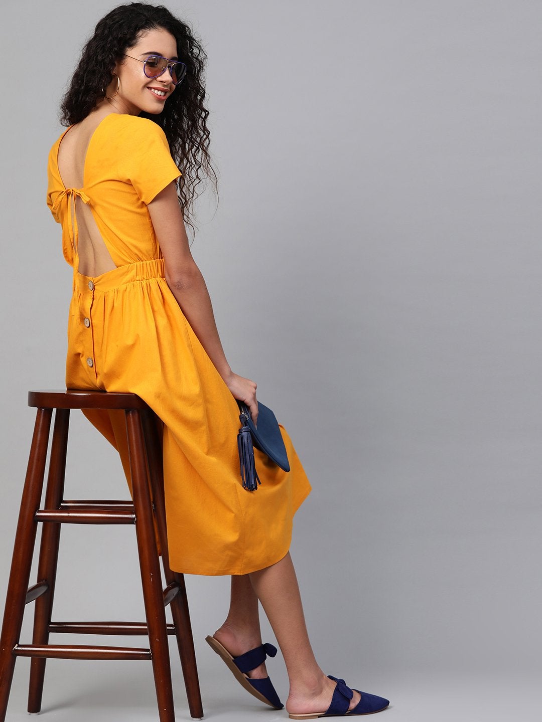 Women's Mustard Back Placket Gathered Dress - SASSAFRAS