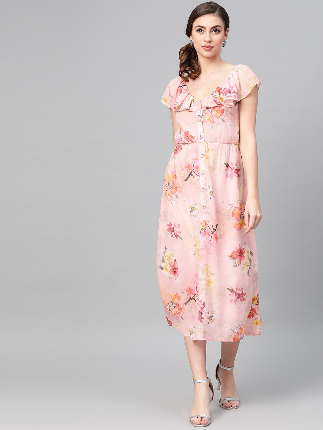 Women's Peach Floral Front Button Frill Dress - SASSAFRAS