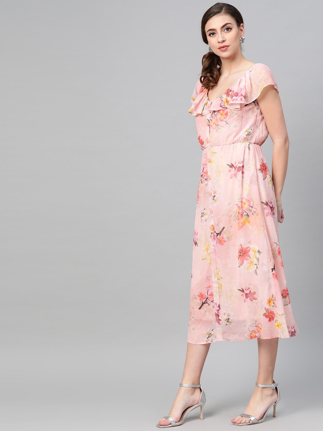 Women's Peach Floral Front Button Frill Dress - SASSAFRAS