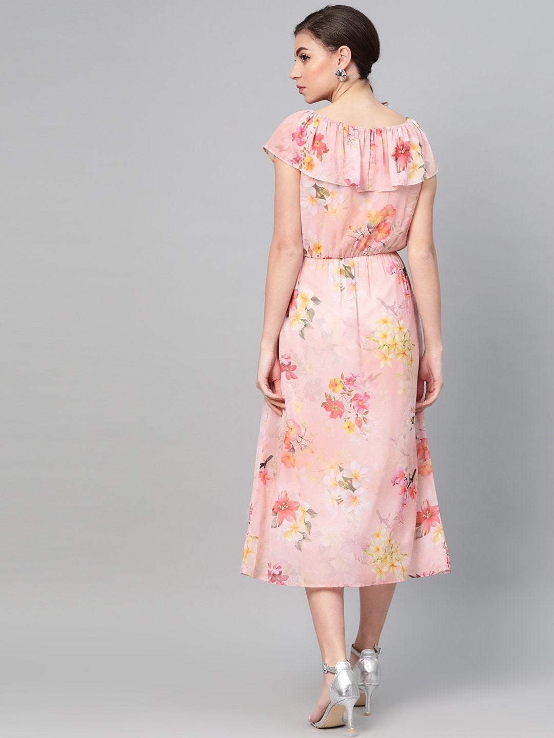 Women's Peach Floral Front Button Frill Dress - SASSAFRAS