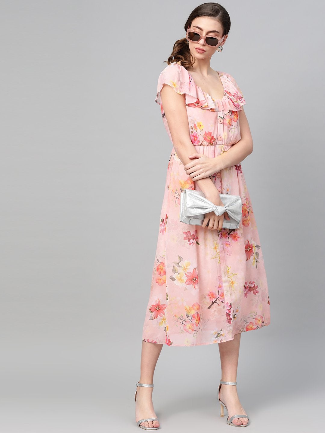 Women's Peach Floral Front Button Frill Dress - SASSAFRAS