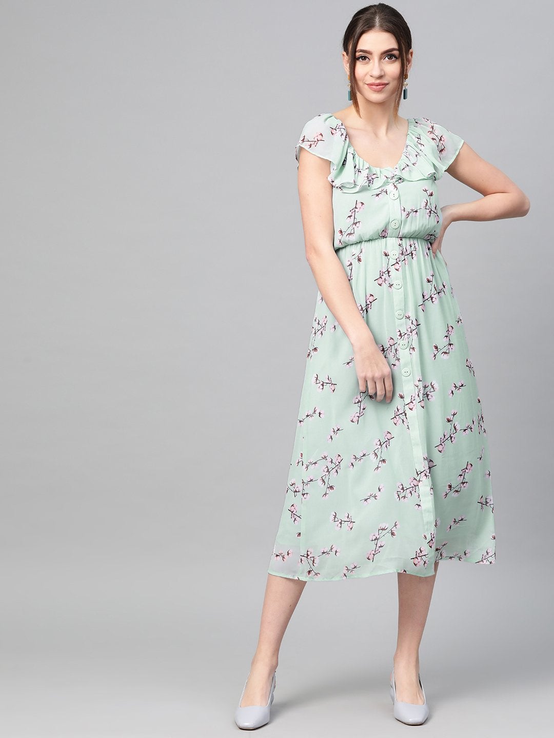 Women's Sea Green Floral Front Button Frill Dress - SASSAFRAS