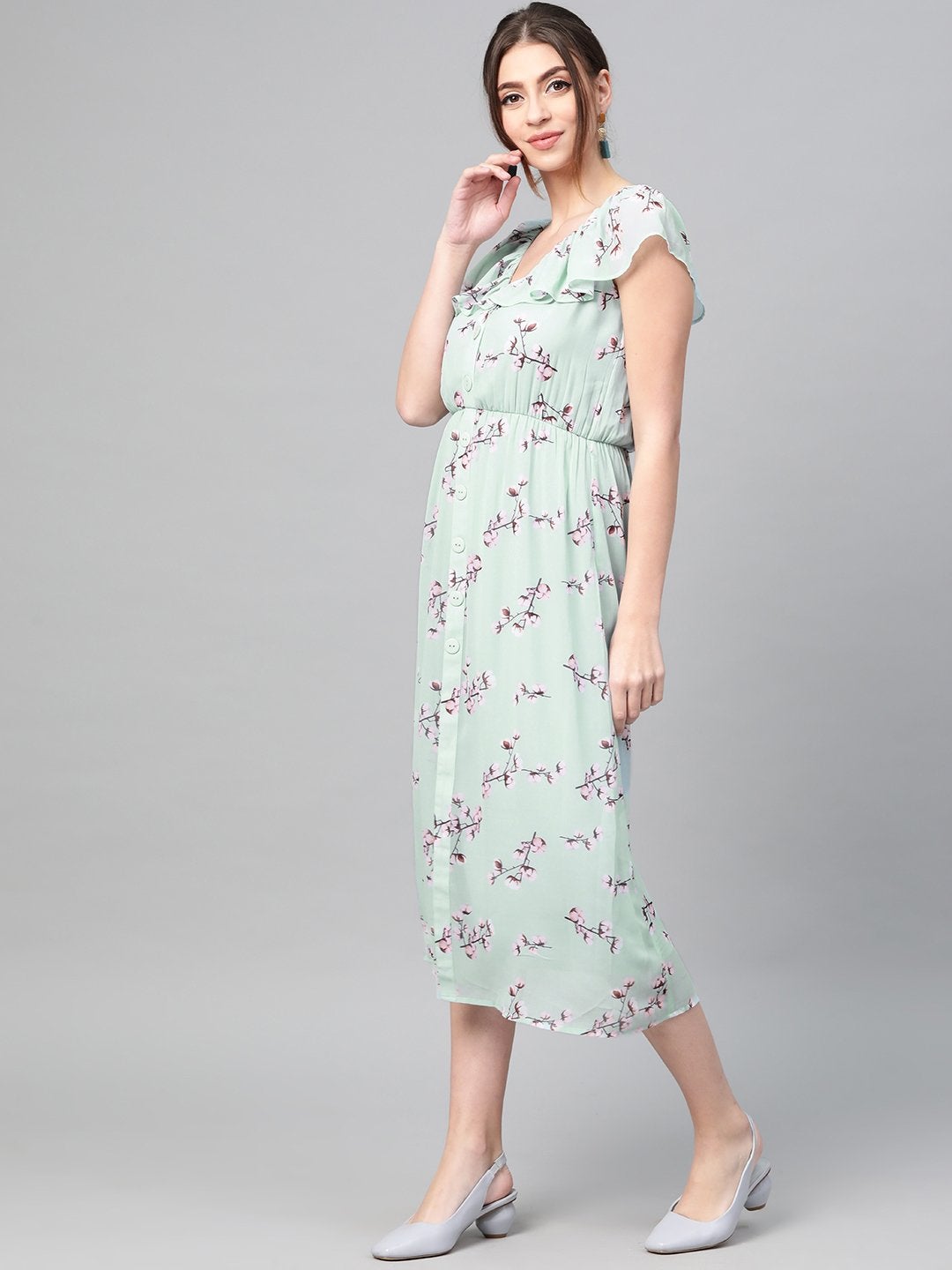 Women's Sea Green Floral Front Button Frill Dress - SASSAFRAS