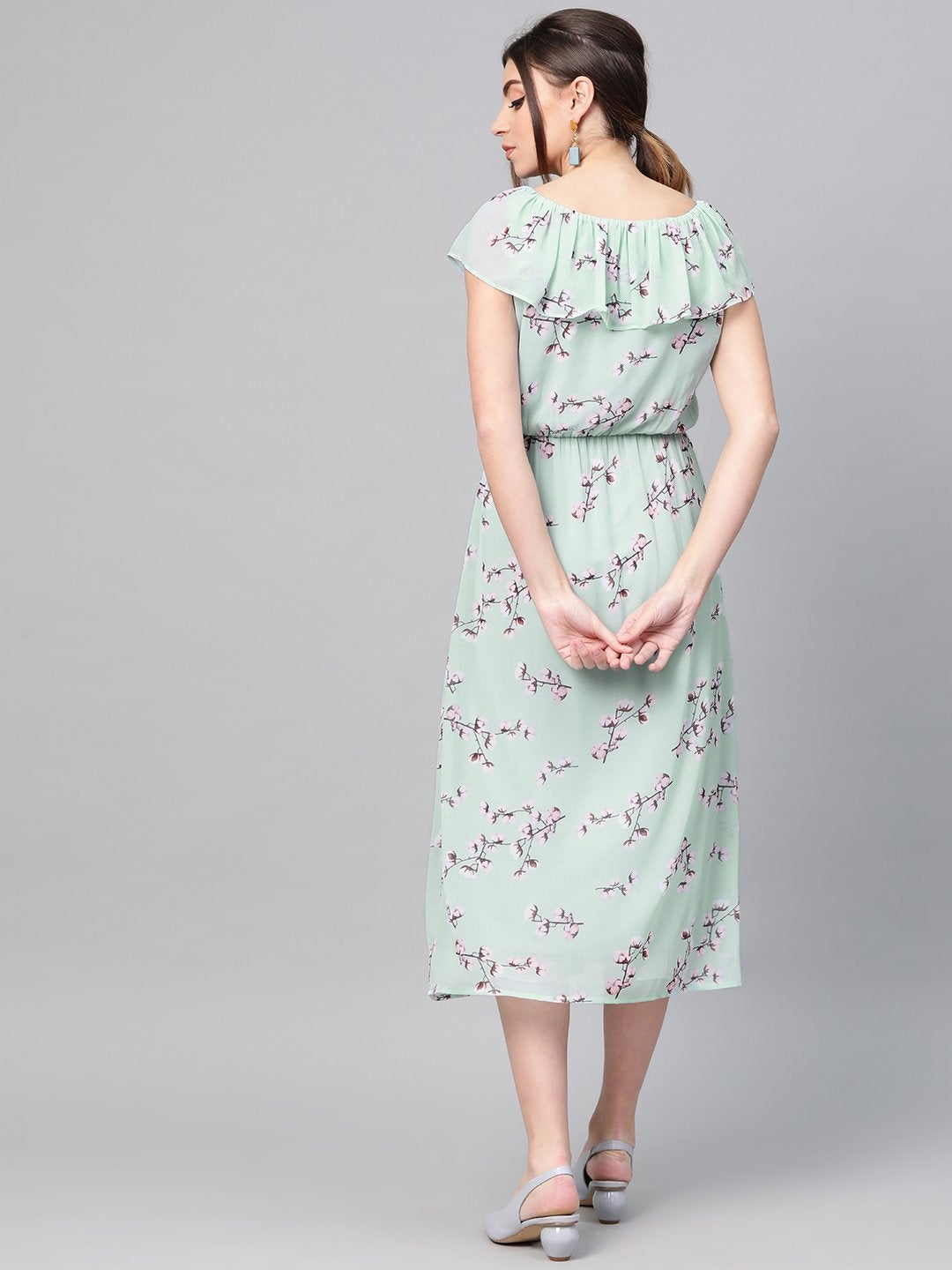 Women's Sea Green Floral Front Button Frill Dress - SASSAFRAS