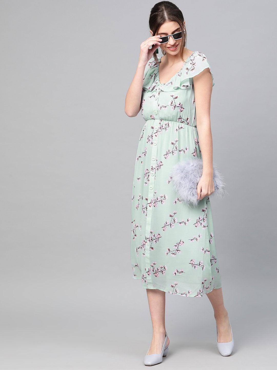 Women's Sea Green Floral Front Button Frill Dress - SASSAFRAS