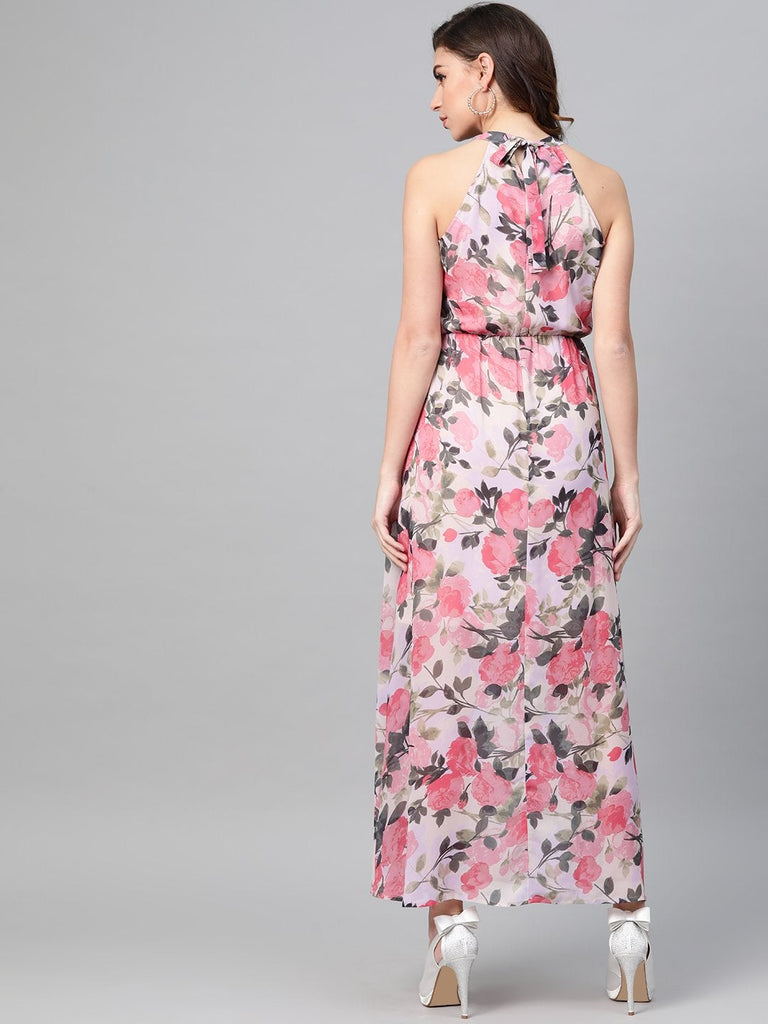 Women's Beige Floral Halter Neck Maxi Dress