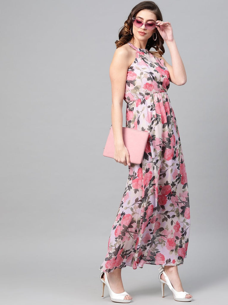 Women's Beige Floral Halter Neck Maxi Dress