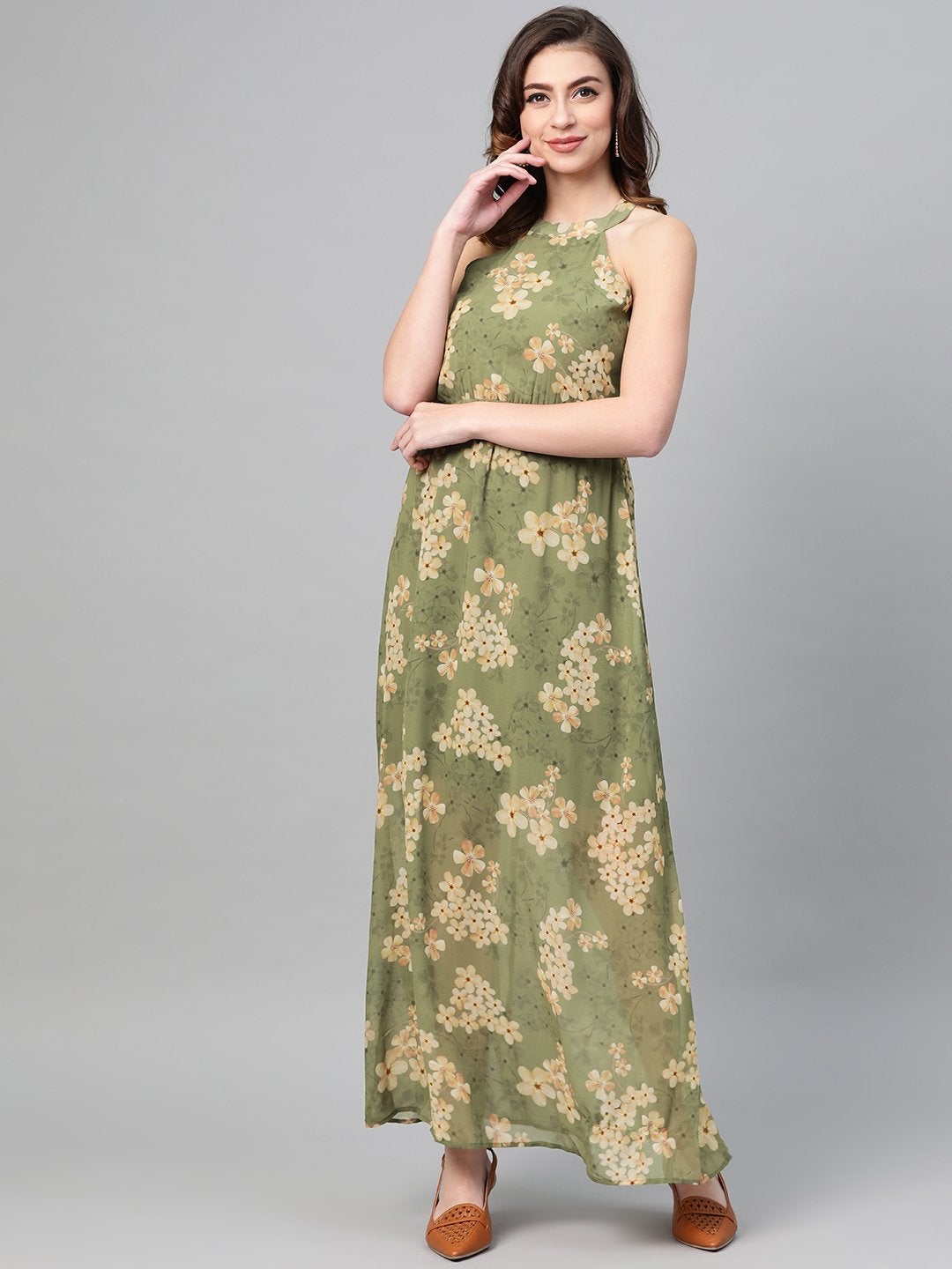 Women's Moss Green Floral Halter Neck Maxi Dress - SASSAFRAS