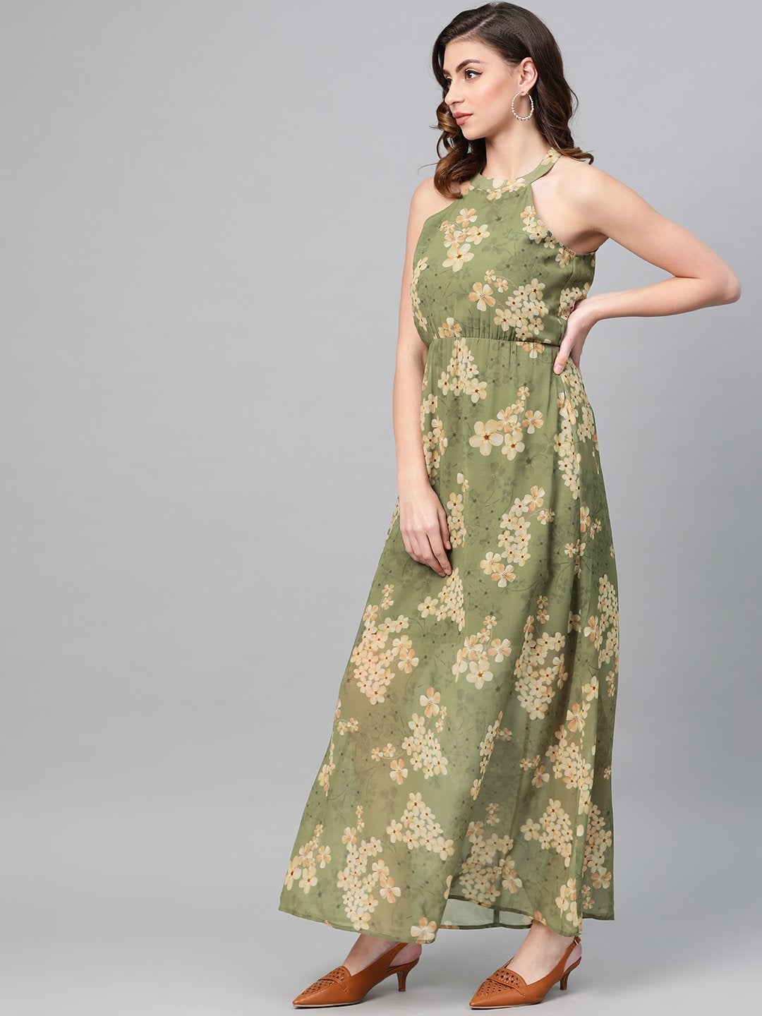 Women's Moss Green Floral Halter Neck Maxi Dress - SASSAFRAS