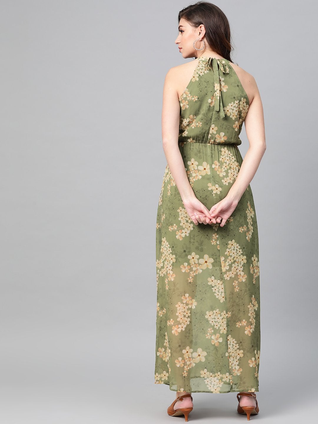 Women's Moss Green Floral Halter Neck Maxi Dress - SASSAFRAS