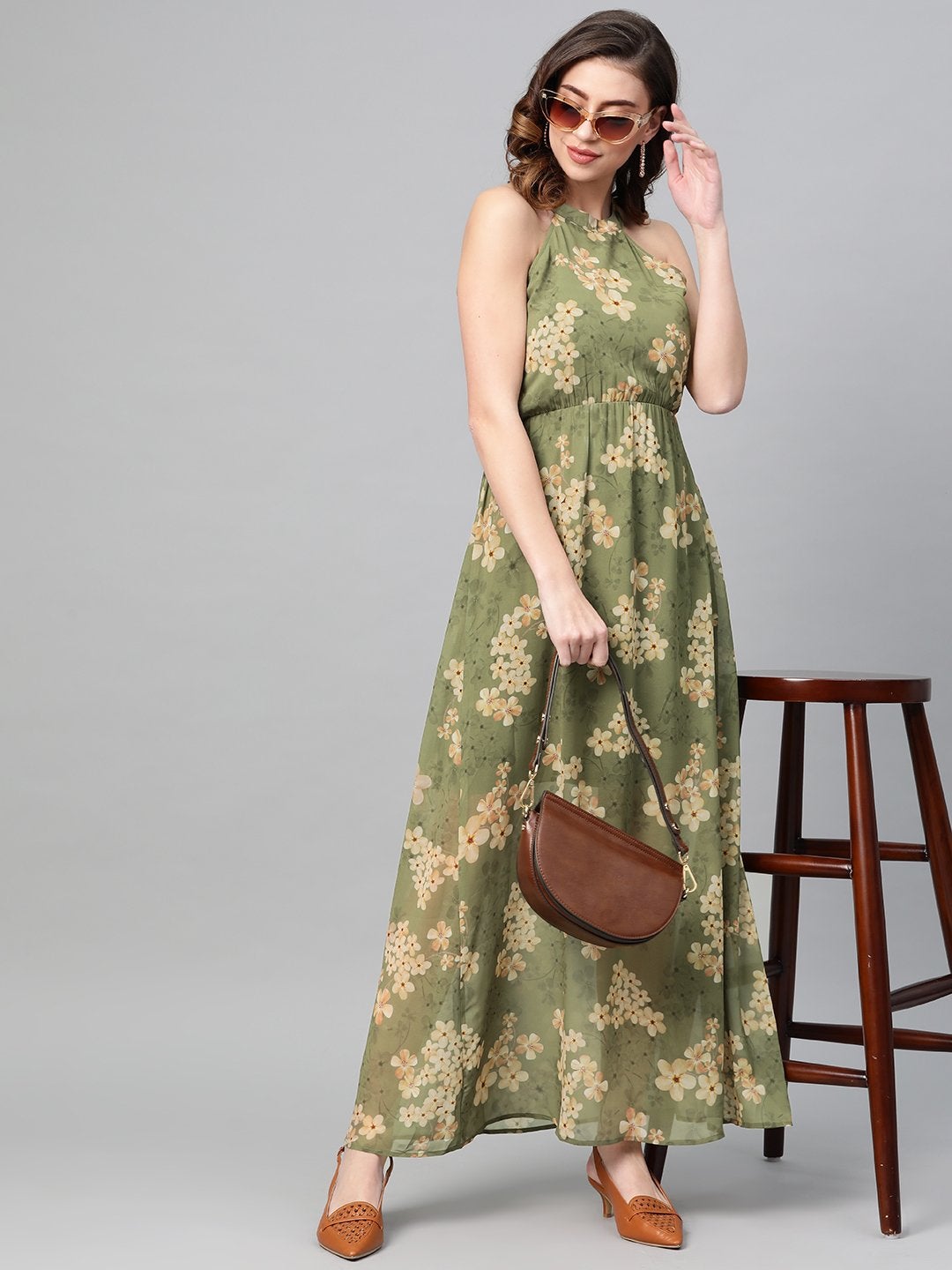 Women's Moss Green Floral Halter Neck Maxi Dress - SASSAFRAS