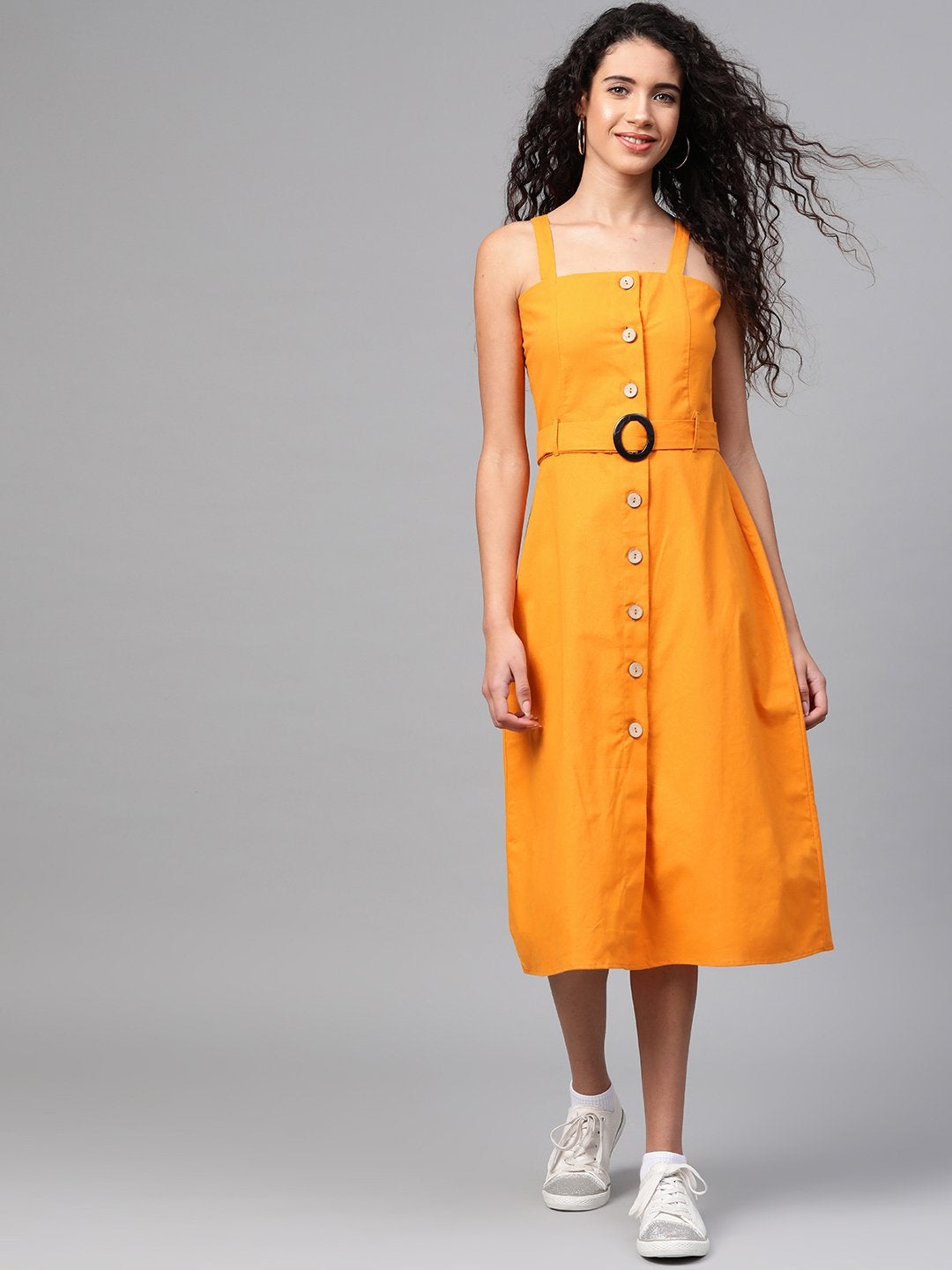 Women's Mustard Front Button Placket Strappy Dress - SASSAFRAS