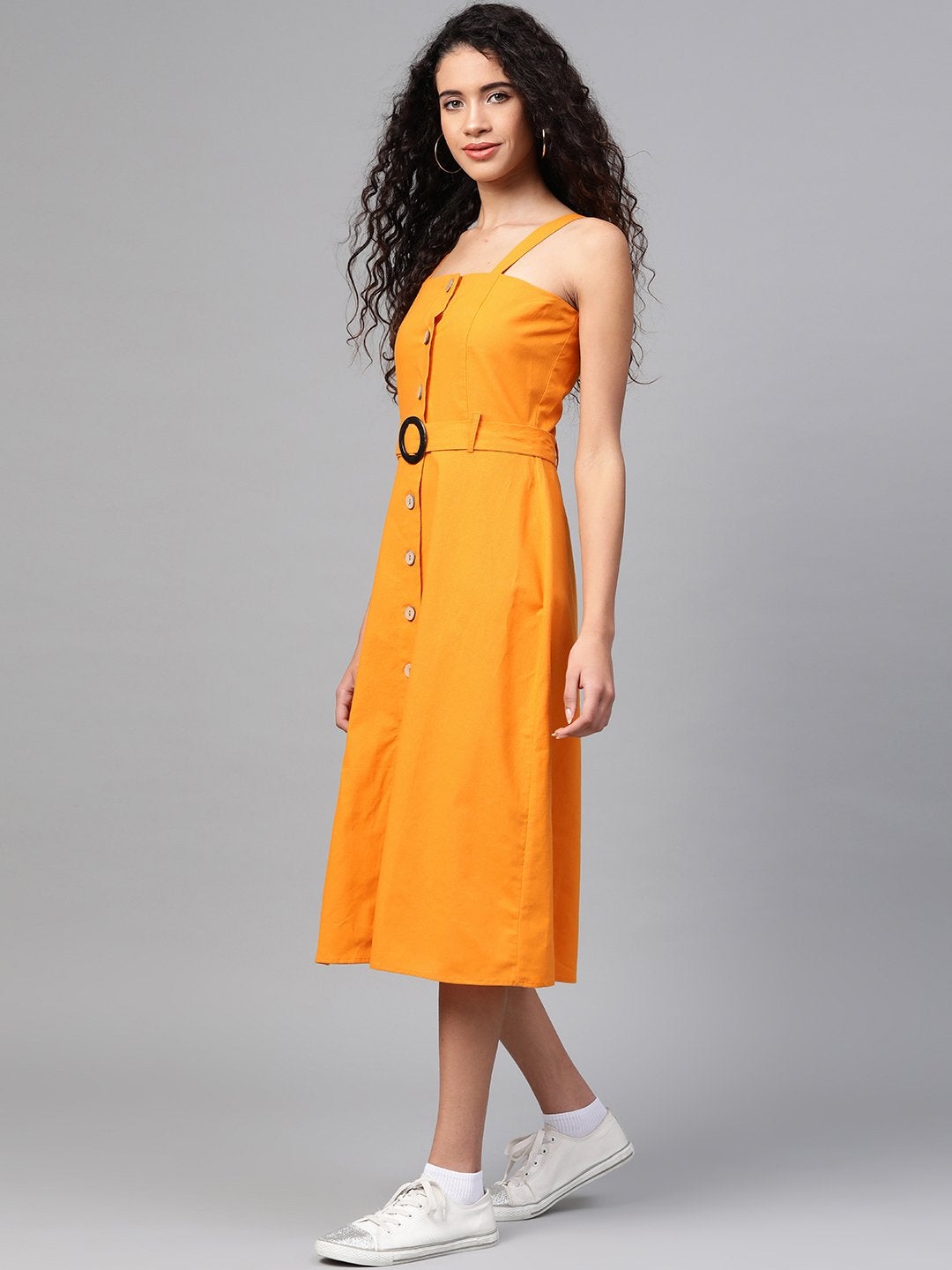 Women's Mustard Front Button Placket Strappy Dress - SASSAFRAS