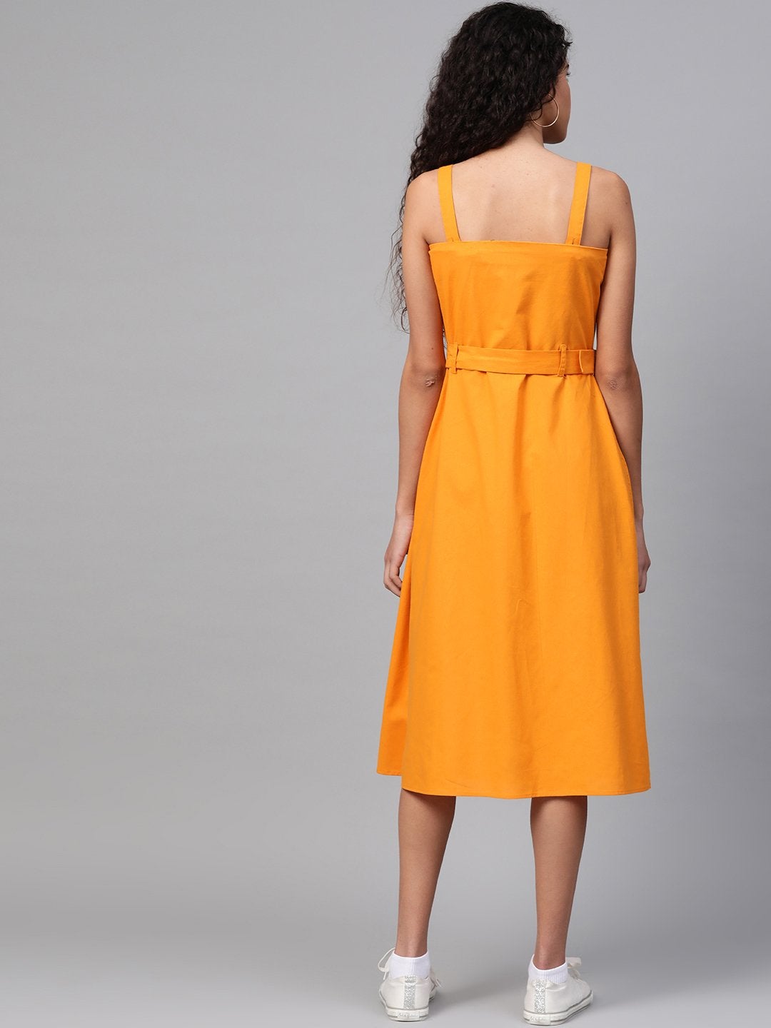 Women's Mustard Front Button Placket Strappy Dress - SASSAFRAS