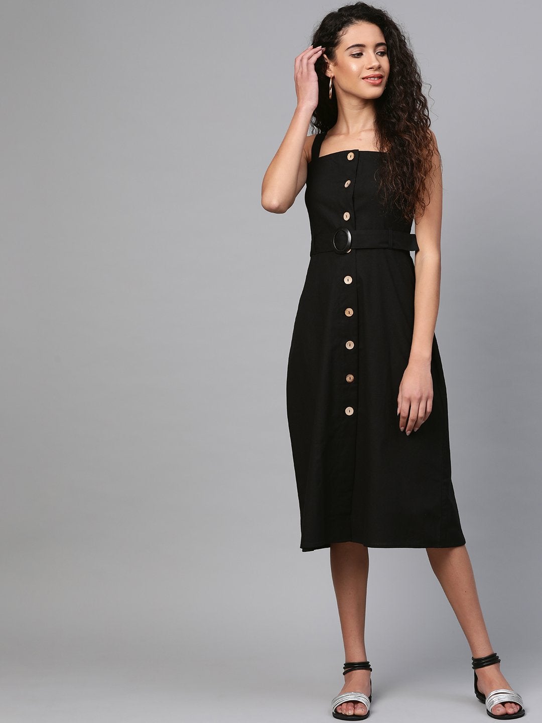 Women's Black Front Button Placket Strappy Dress - SASSAFRAS