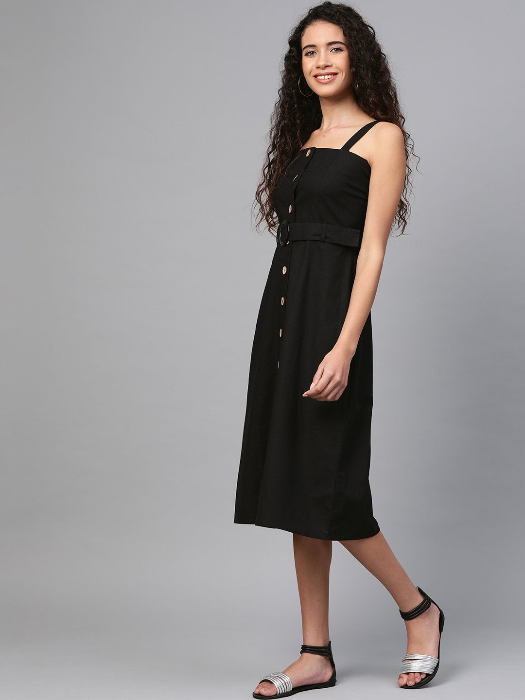 Women's Black Front Button Placket Strappy Dress - SASSAFRAS