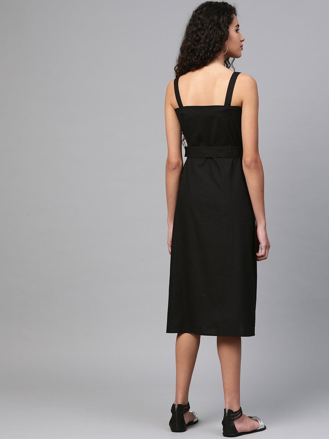 Women's Black Front Button Placket Strappy Dress - SASSAFRAS