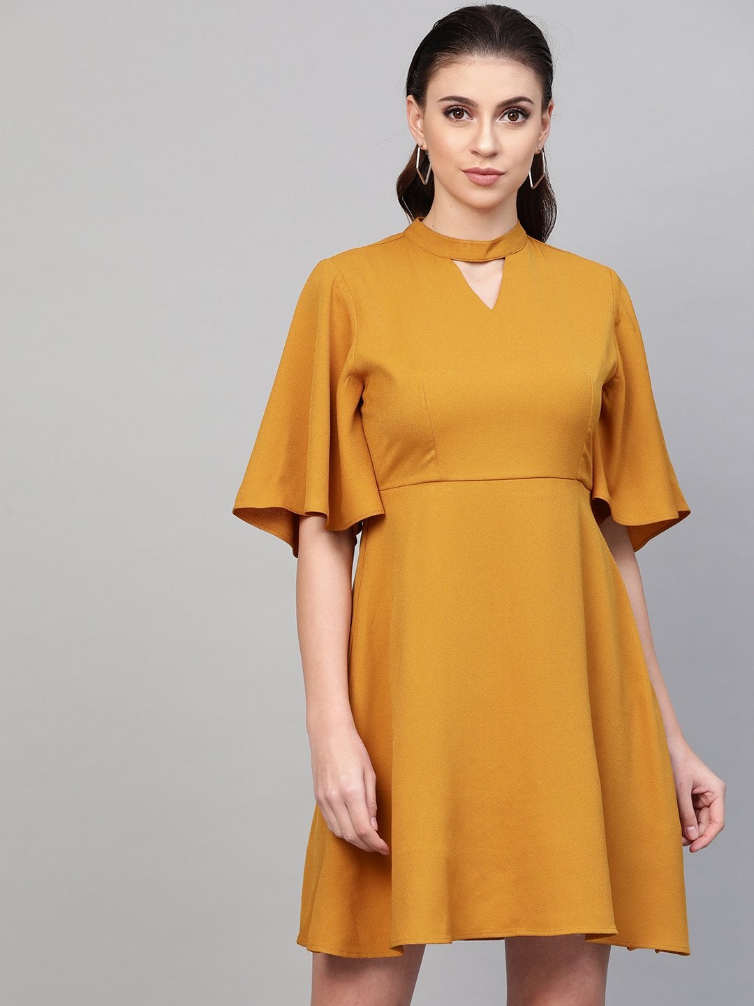 Women's Mustard Choker Neck Skater Dress - SASSAFRAS