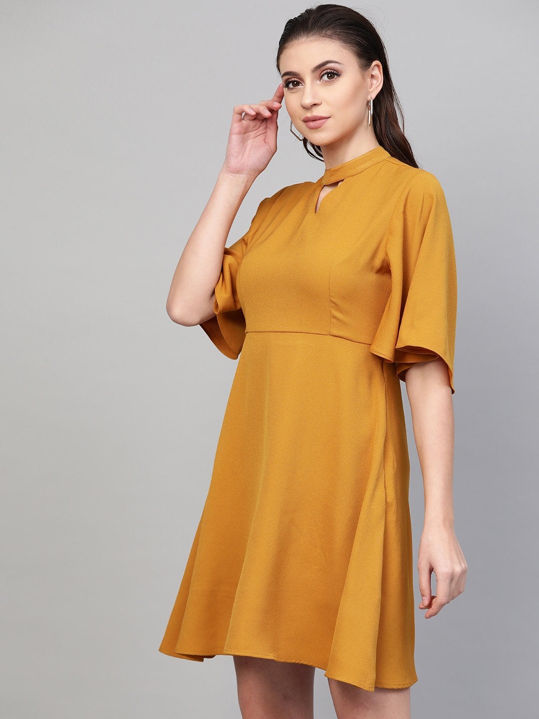 Women's Mustard Choker Neck Skater Dress - SASSAFRAS