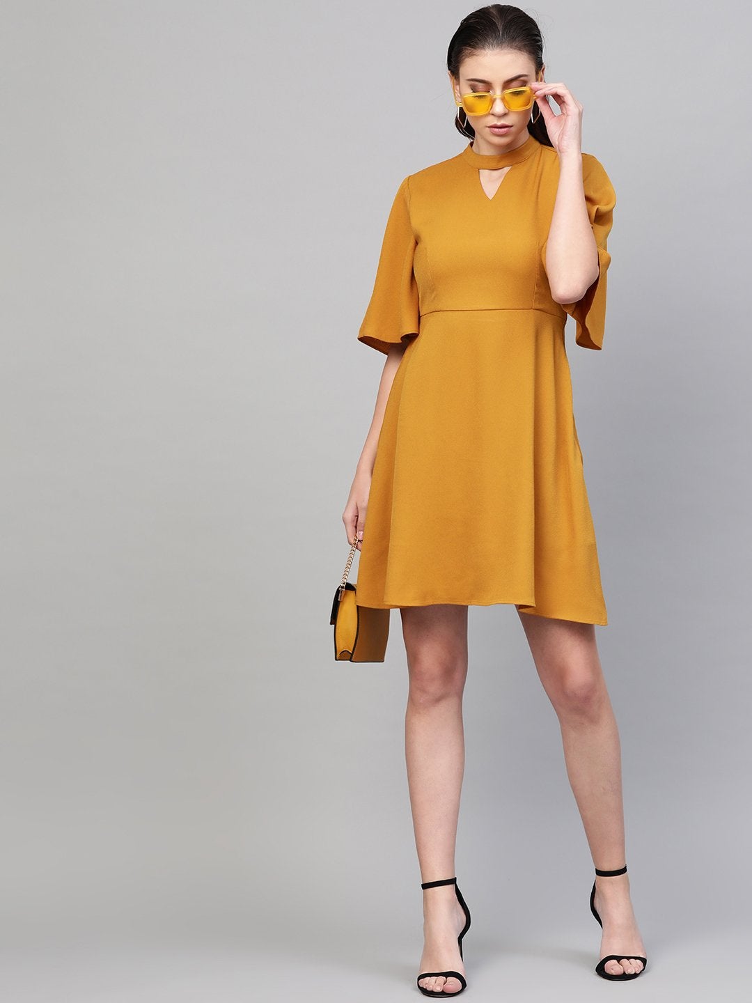 Women's Mustard Choker Neck Skater Dress - SASSAFRAS