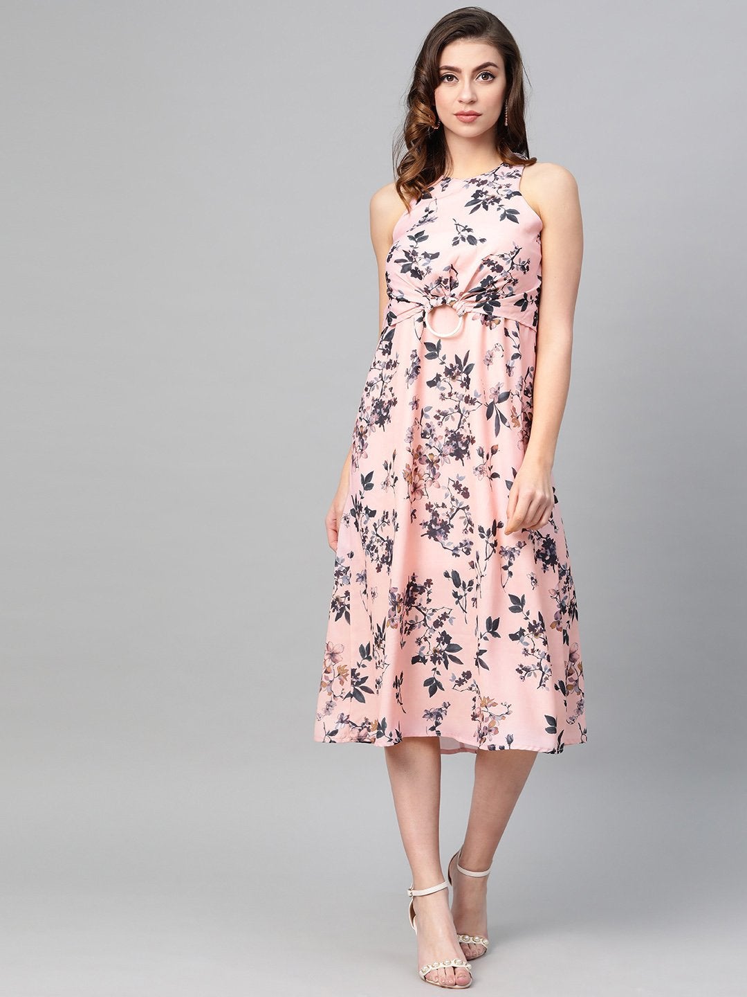 Women's Pink Floral Ring Loop Midi Dress - SASSAFRAS