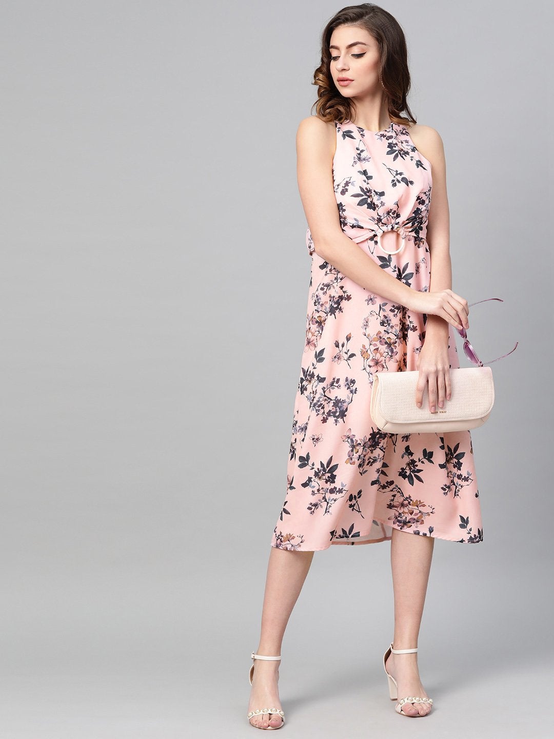 Women's Pink Floral Ring Loop Midi Dress - SASSAFRAS