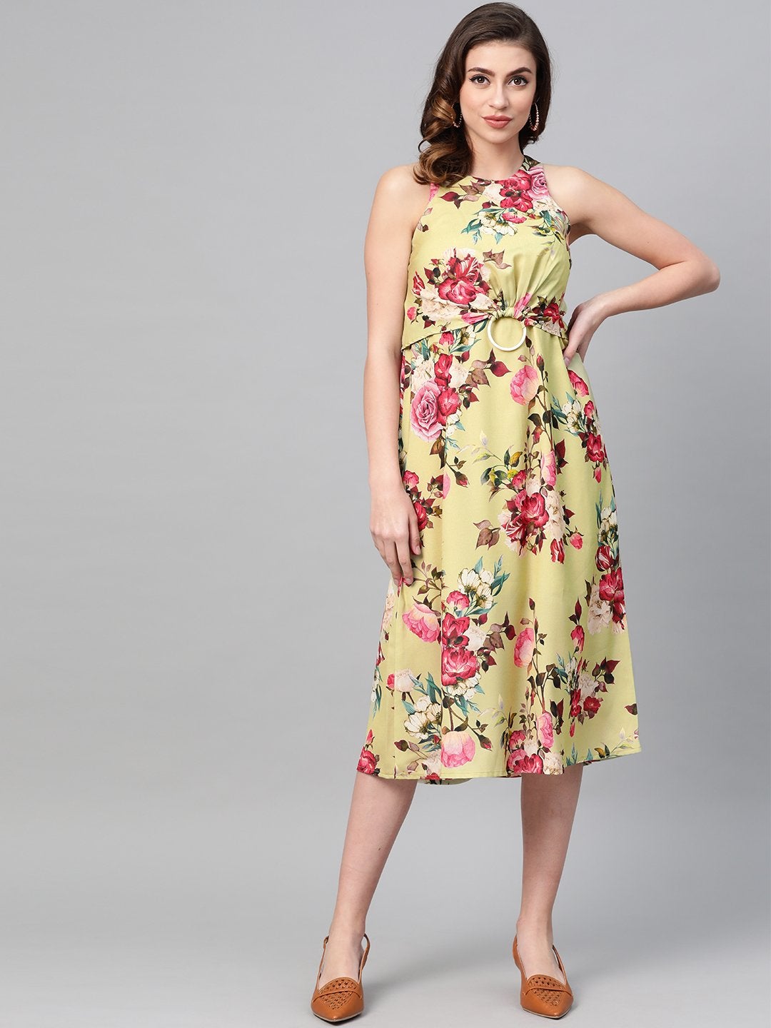 Women's Green Floral Ring Loop Midi Dress - SASSAFRAS