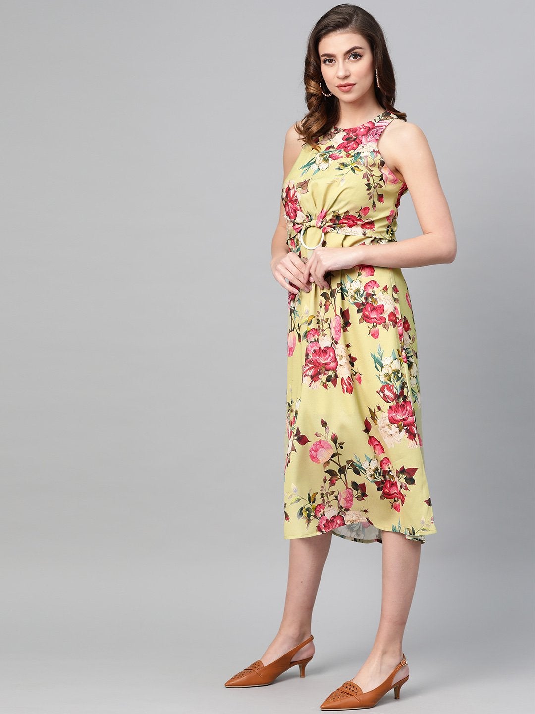 Women's Green Floral Ring Loop Midi Dress - SASSAFRAS