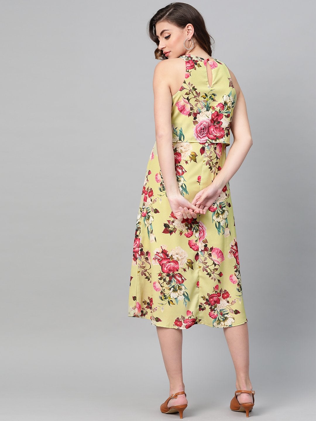 Women's Green Floral Ring Loop Midi Dress - SASSAFRAS