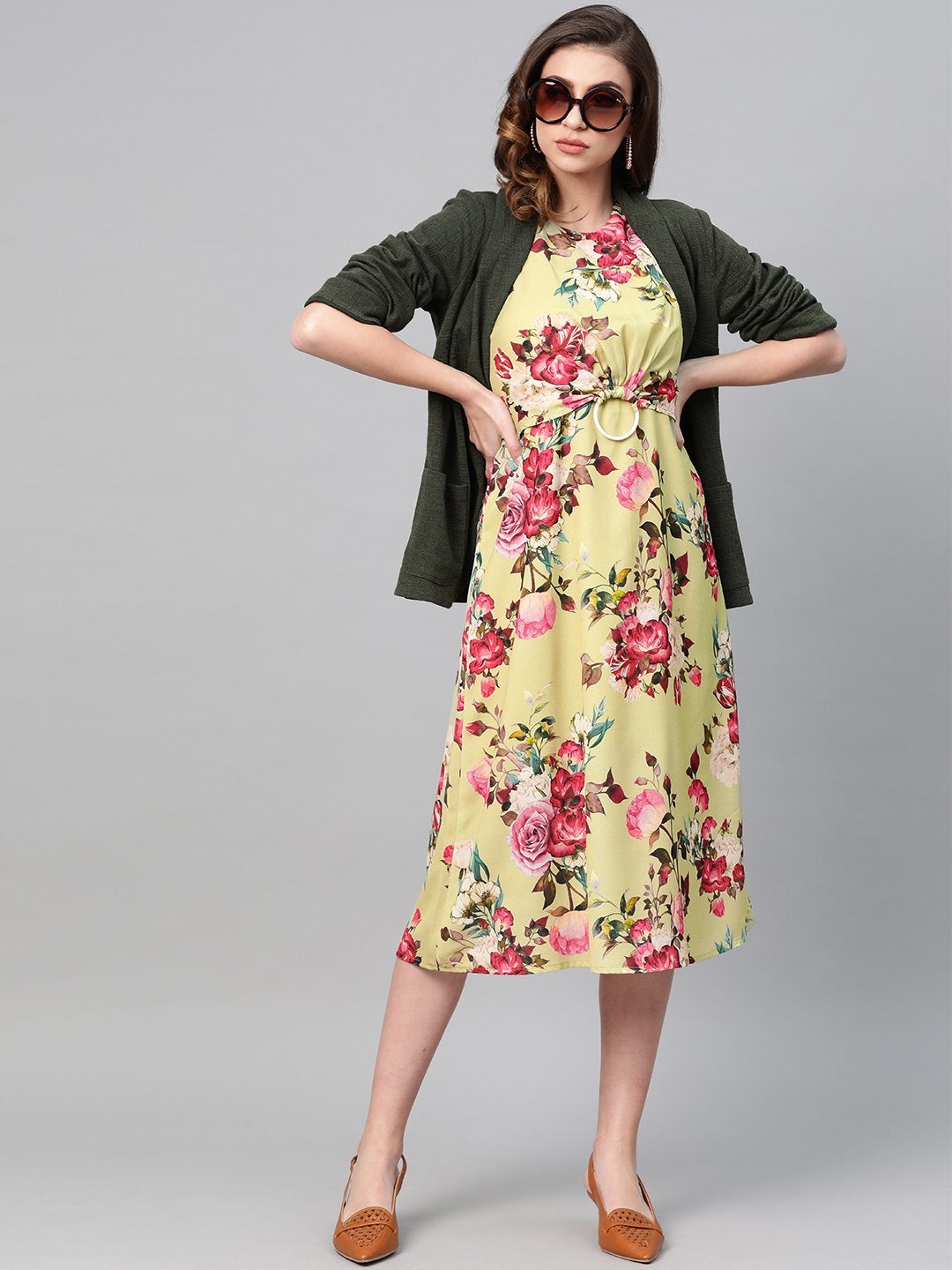 Women's Green Floral Ring Loop Midi Dress - SASSAFRAS