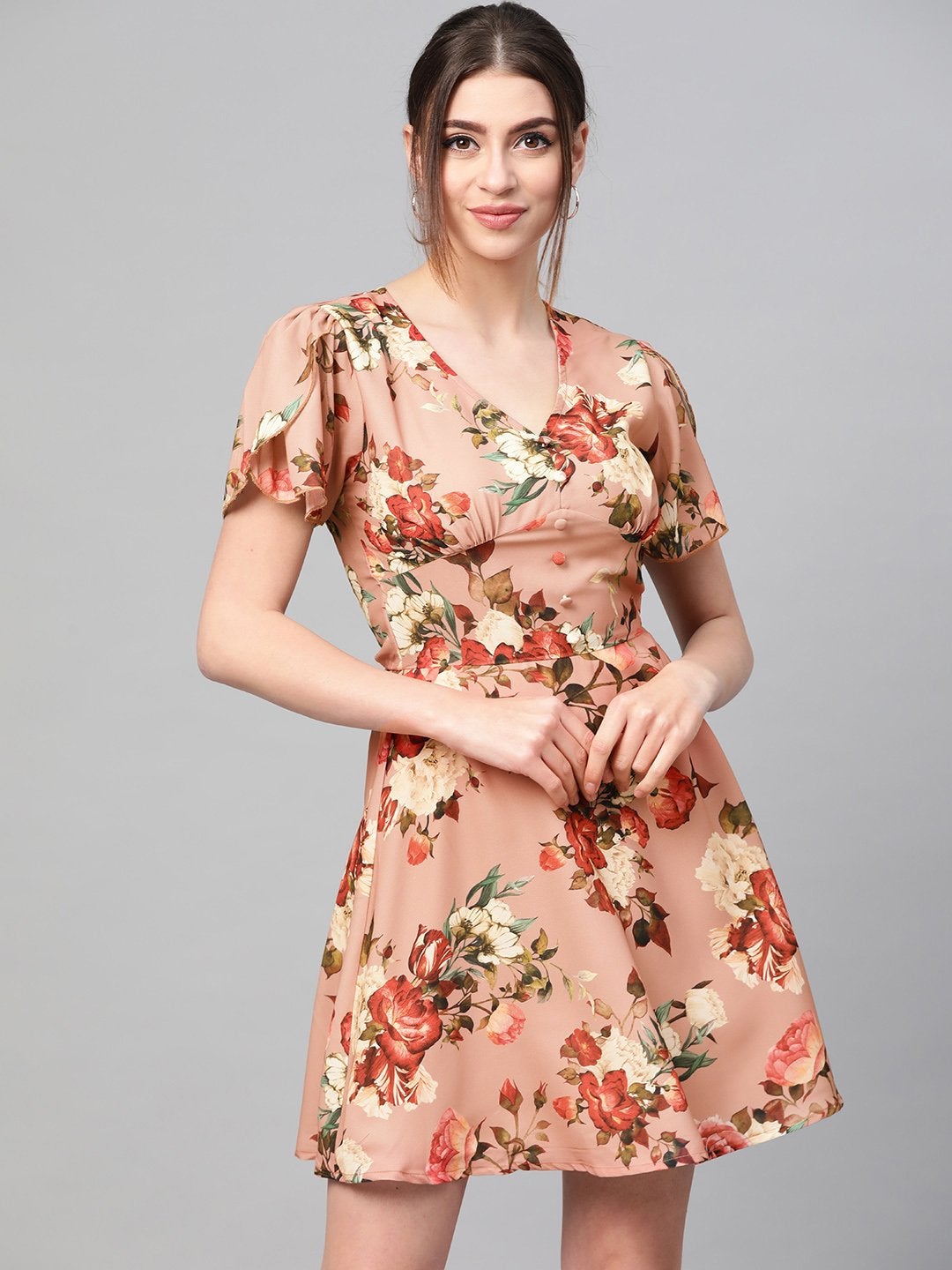 Women's Peach Floral Flared Skater Dress - SASSAFRAS