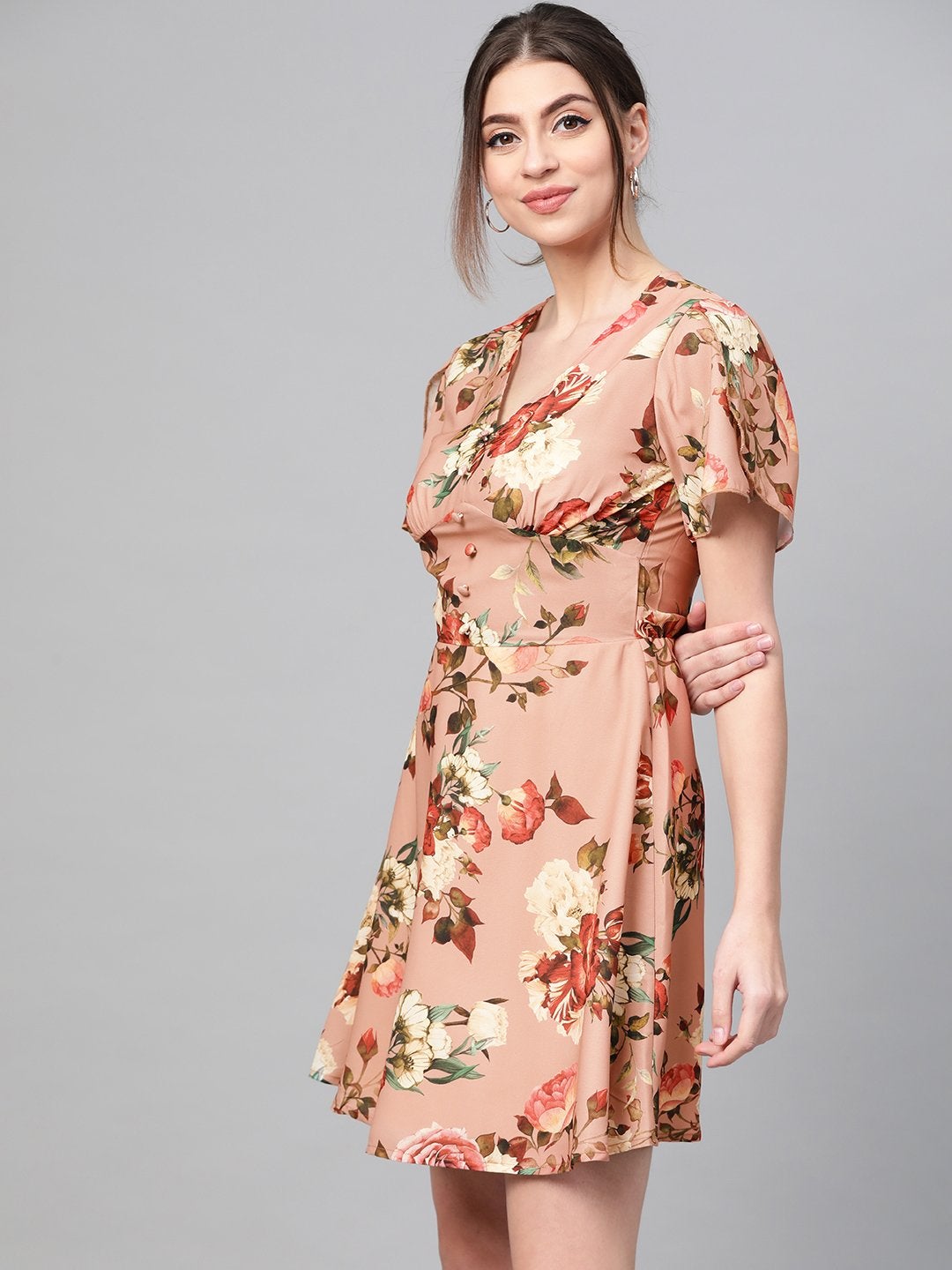 Women's Peach Floral Flared Skater Dress - SASSAFRAS