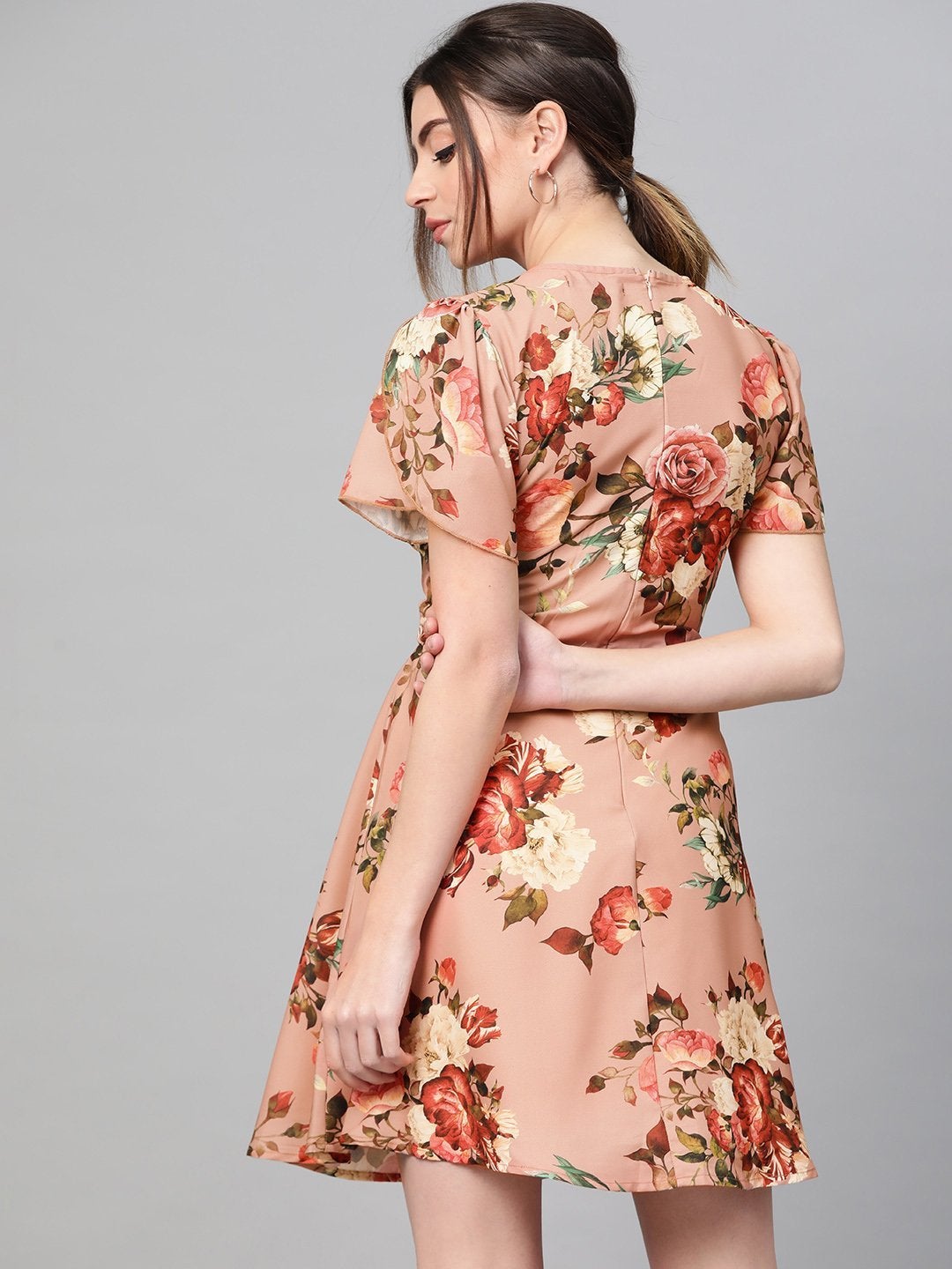 Women's Peach Floral Flared Skater Dress - SASSAFRAS