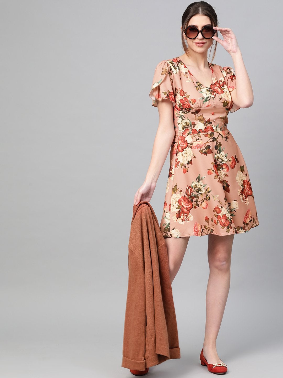 Women's Peach Floral Flared Skater Dress - SASSAFRAS