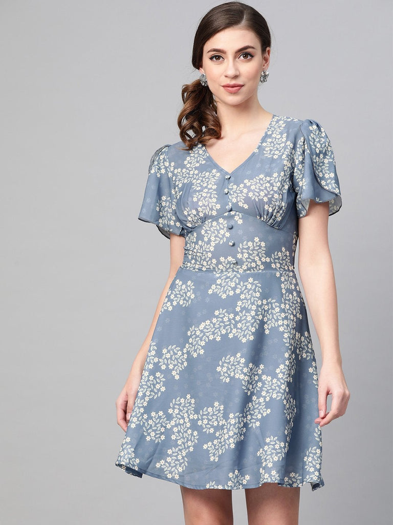 Women's Dark Blue Floral Flared Skater Dress