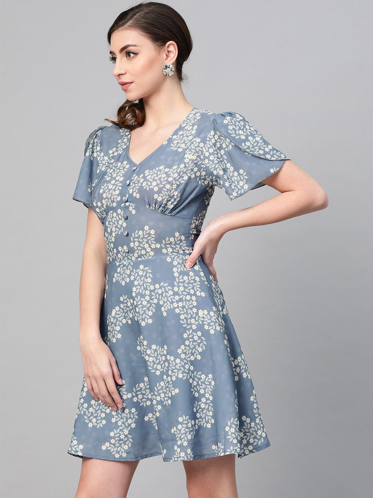 Women's Dark Blue Floral Flared Skater Dress