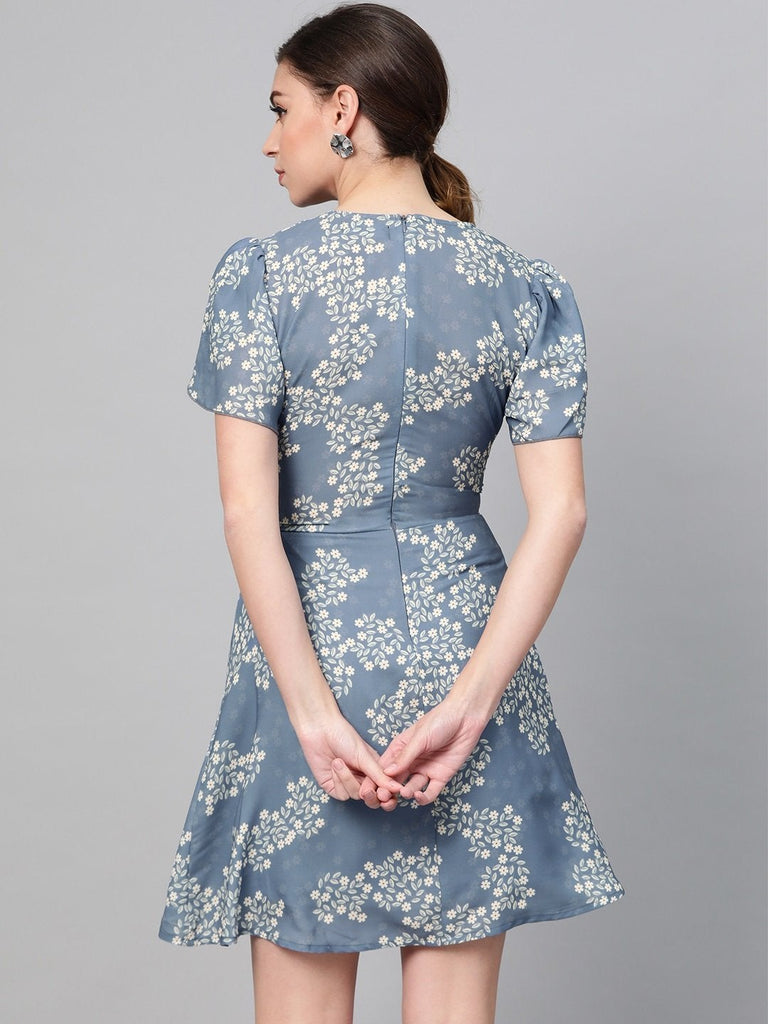 Women's Dark Blue Floral Flared Skater Dress