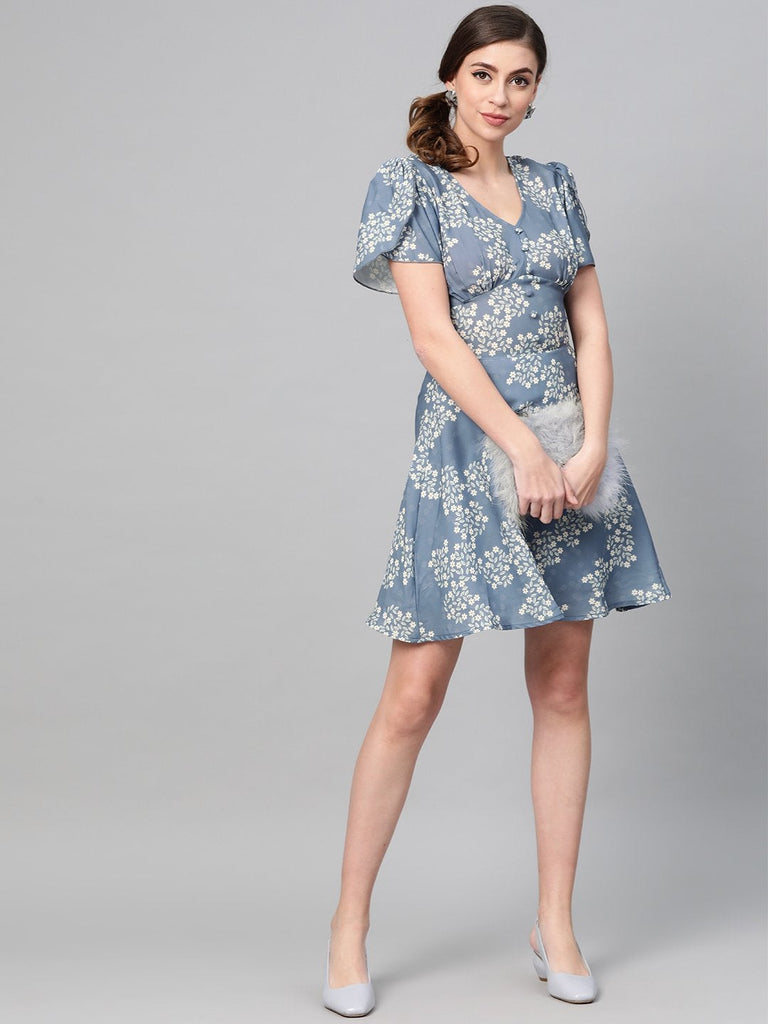 Women's Dark Blue Floral Flared Skater Dress
